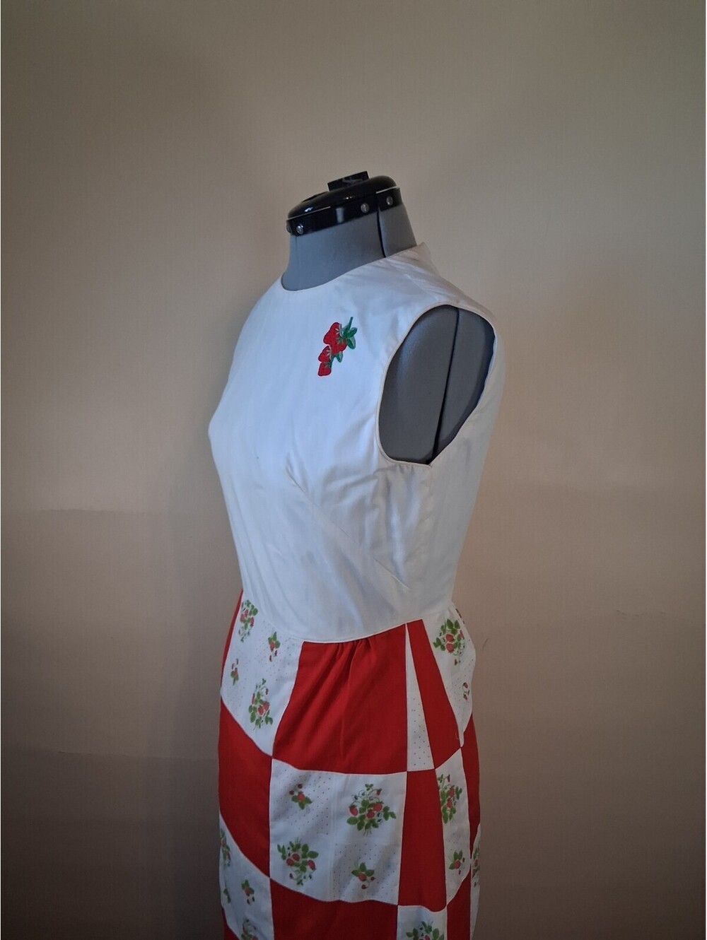 1970s Vintage Dress, Strawberry Checkered Sun Dress, Maxi Patchwork Dress Sz S - Picture 4 of 9